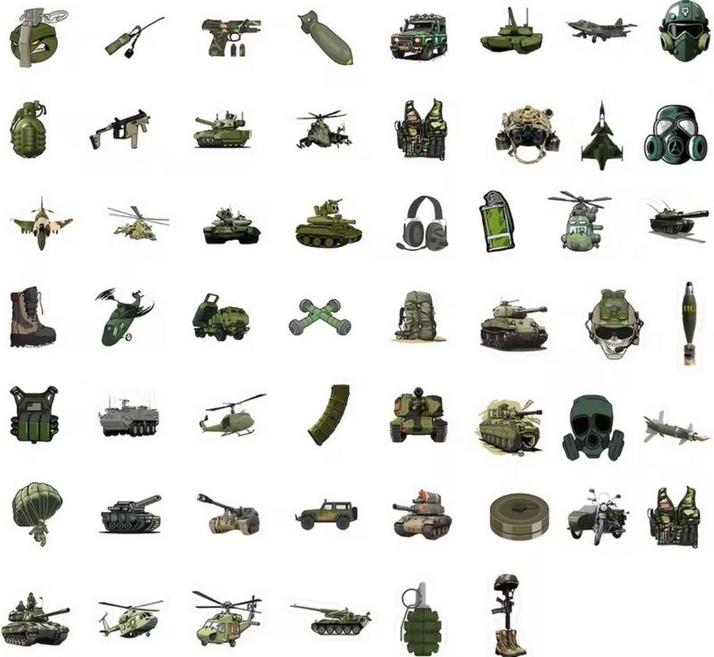 Set 54 vojenských samolepek tank, helikoptéra aj.
