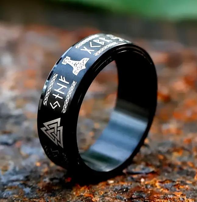 Prsten vikingské runy - ocelový (3) - černá