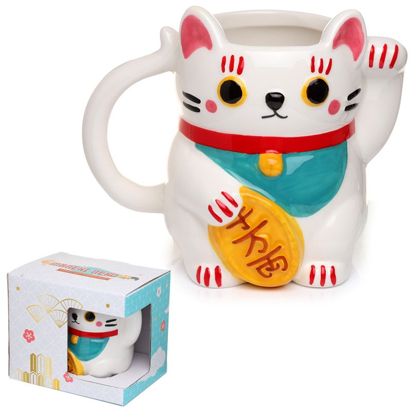Hrnek kočka Maneki Neko pro štěstí 3D - bílá